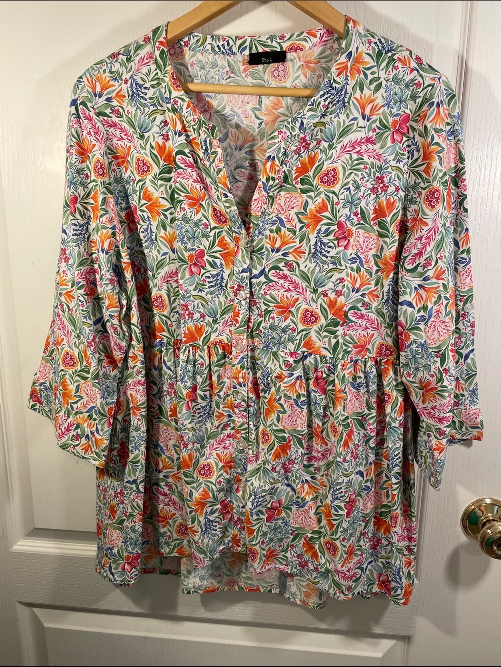 Linen Blend Floral Button-Front Peplum Tunic - Pink, Orange & Green